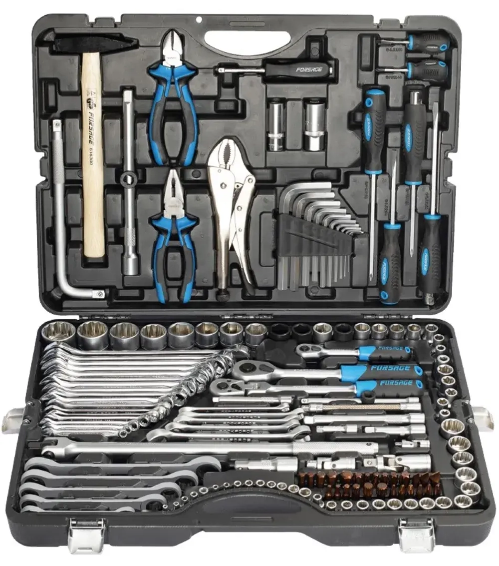 Набор инструментов 142+6пр. 1/4''3/8''1/2''(6-гран.)(4-36мм, 27,30,32,36-12гр.)+(ключи трещоточные:8х10,12х13,14х15,16х17,18х19мм, бокорезы-7'') Forsage F-41421-5 Premium