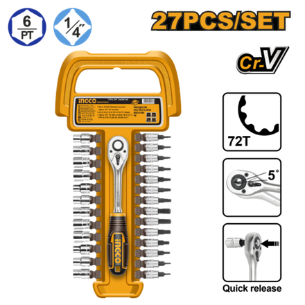 Набор торцевых головок с трещоткой INGCO HKTS14271 INDUSTRIAL 1/4" 4-14 мм 27 шт.