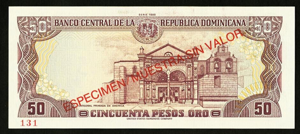 ДОМИНИКАНСКАЯ РЕСПУБЛИКА, 1988, 50 PESOS ORO [ESPECIMEN / MUESTRA SIN VALOR]