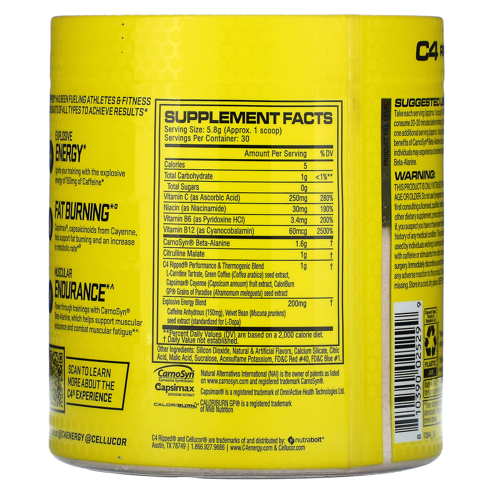 C4 / Cellucor, C4 Ripped, перед тренировкой, малиновый лимонад, 180 г (6,3 унции)