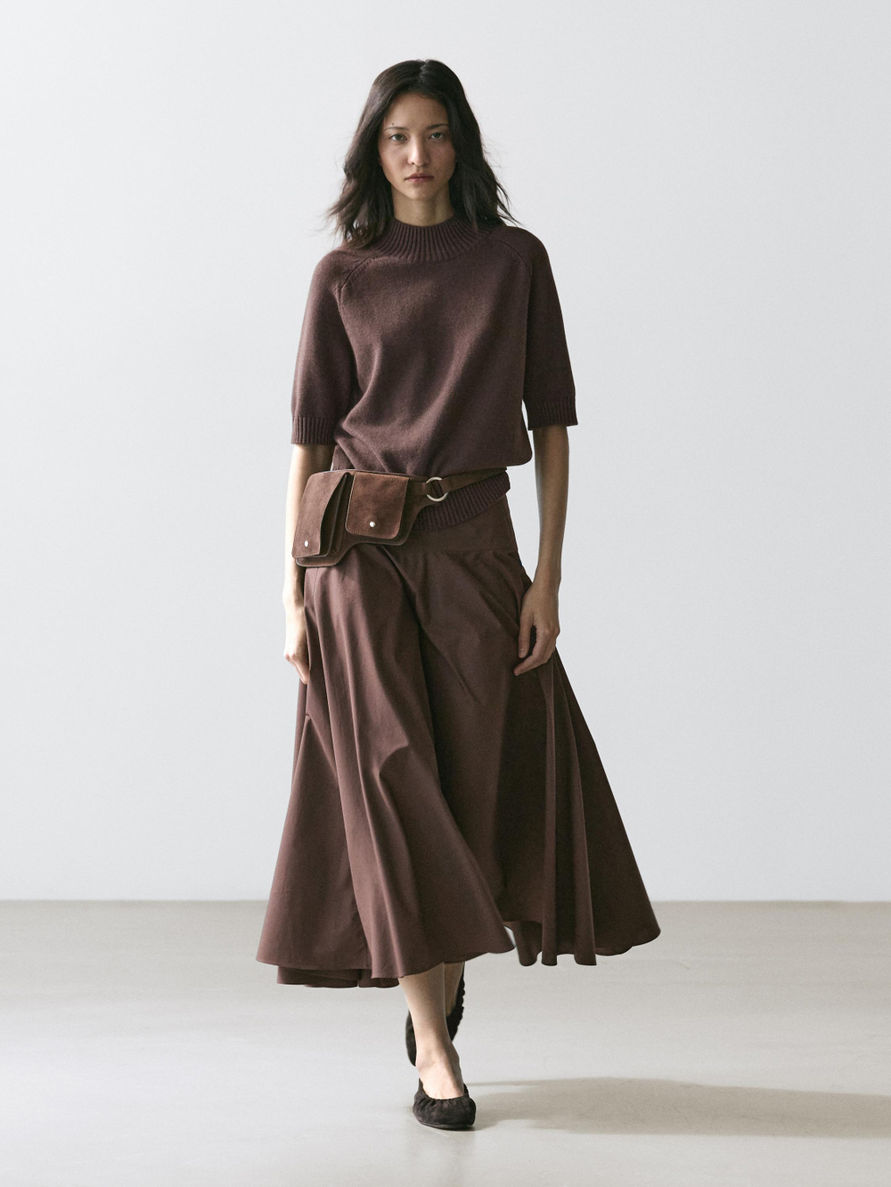 Massimo Dutti Юбка миди с поясом-лентой и декоративными швами, коричневый