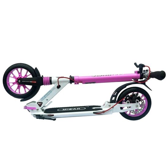Складной двухколёсный самокат Micar Storm Pro 200 мм с двумя амортизаторами и ручным дисковым тормозом, бело-розовый