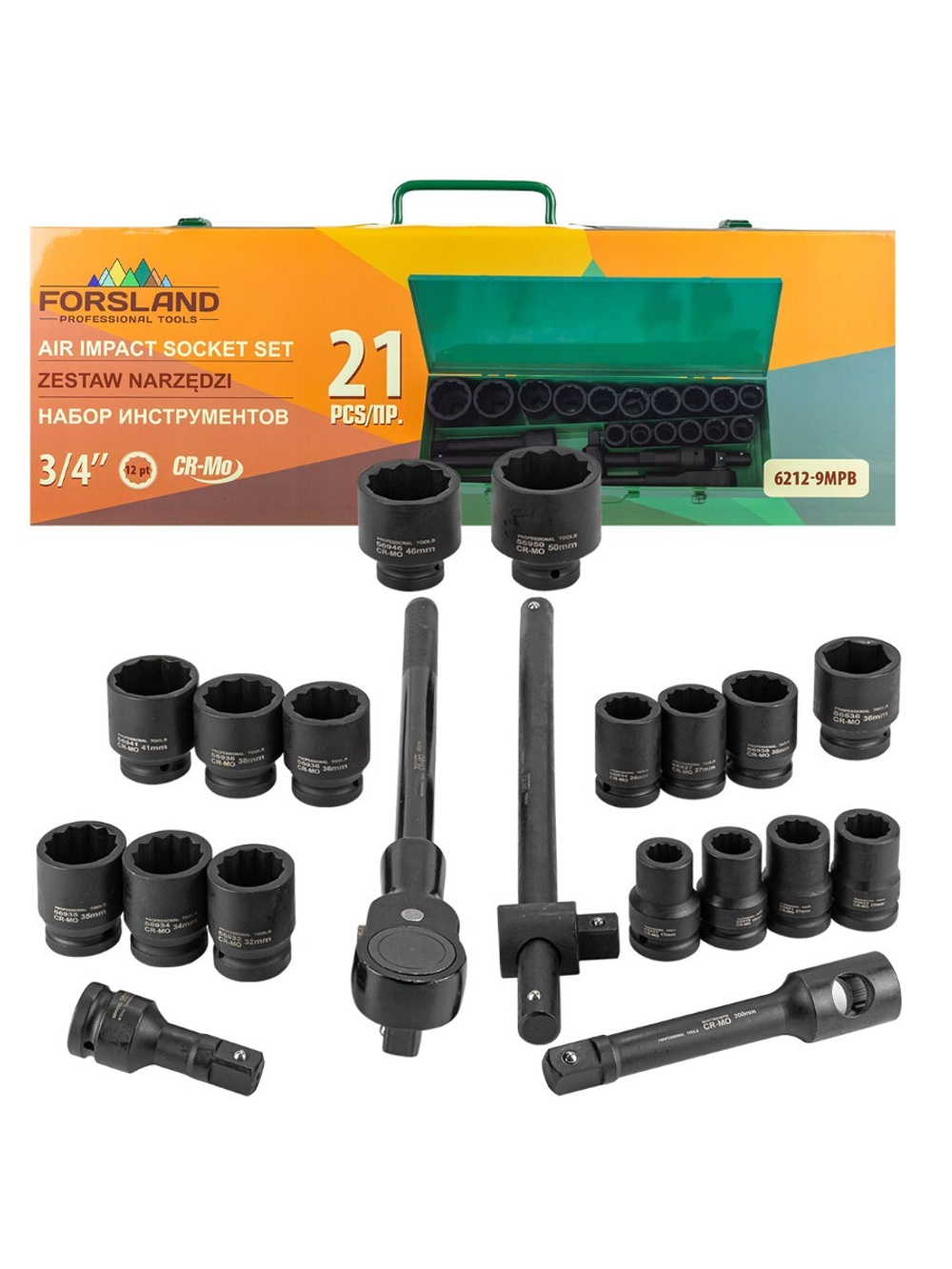 Набор инструментов ударных 21пр. 3/4''(12гр.) Forsland Forsland-6212-9MPB