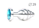 Коническая ребристая серебристая анальная втулка с голубым кристаллом - 7,1 см. (Цвет: голубой)