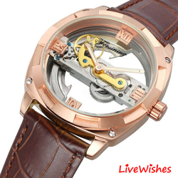 Часы наручные механические скелетоны FORSINING на кожаном ремешке, золотистый/коричневый W8990-04