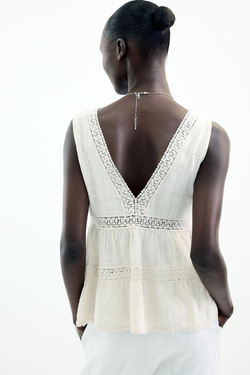 ZARA ТОП В СТИЛЕ РУСТИК С КРУЖЕВОМ, ЭКРЮ