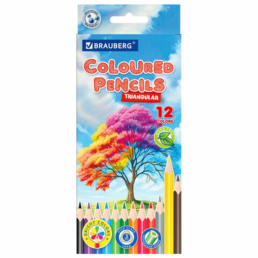 Карандаши цветные "АССОРТИ 8 ДИЗАЙНОВ 7+ лет", 12 цветов, трехгранные, BRAUBERG, 182056