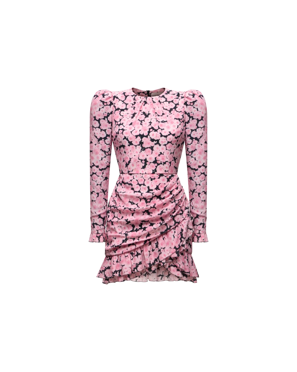 Шарлотта мини (Charlotte mini), Платье мини из крепдешина черный с розовыми средними цветами