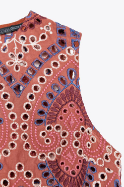 ZARA ТОП С АЖУРНОЙ ВЫШИВКОЙ, РАЗНОЦВЕТНЫЙ