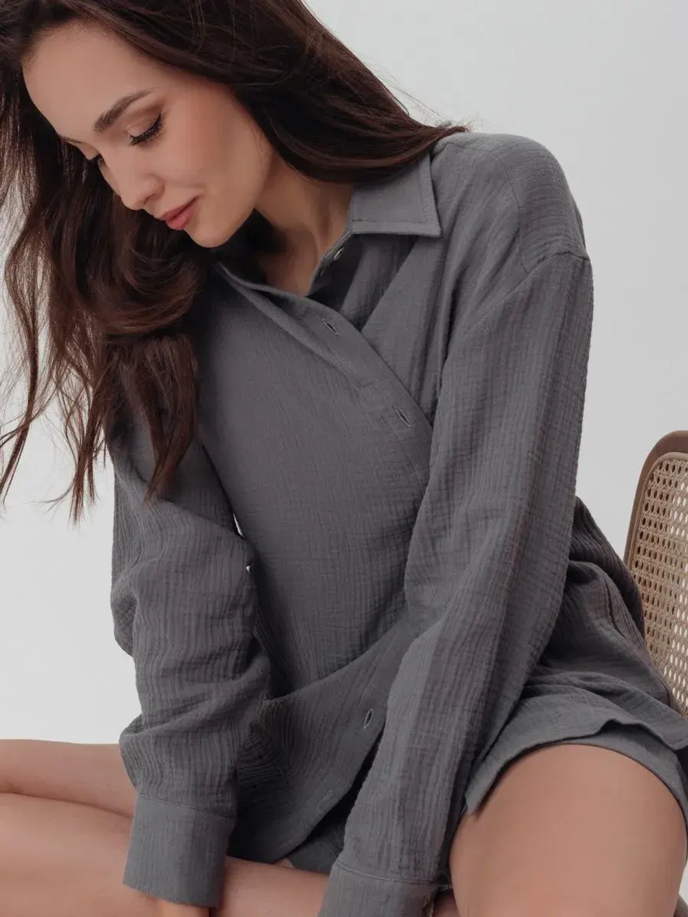 Костюм - пижама с шортами из муслина домашний оверсайз