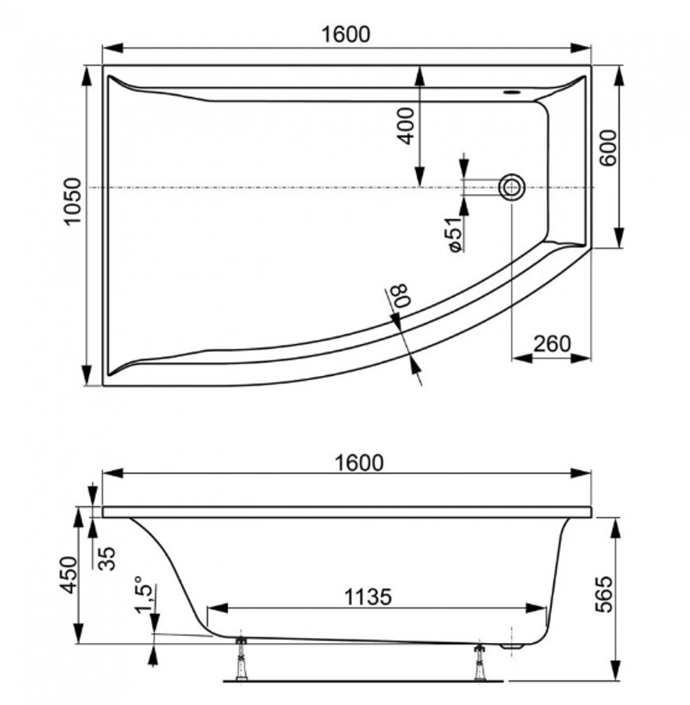 VERONELA OFFSET Ванна акриловая асимметричная 160х105х45 см, с каркасом, левая, белая
