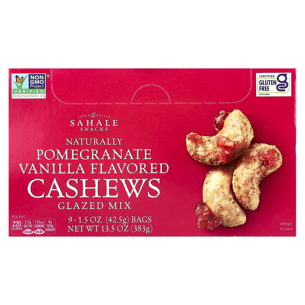 Sahale Snacks, смесь в глазури, натуральный гранат, ваниль и кешью, 9 пакетиков по 42,5 г (1,5 унции)