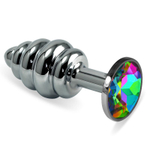 Серебристая ребристая анальная пробка с разноцветным кристаллом - 7,5 см. (Цвет: разноцветный)