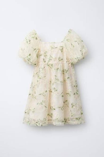 ZARA ПЛАТЬЕ ИЗ ПОЛУПРОЗРАЧНОЙ ТКАНИ С ВЫШИВКОЙ, ЗЕЛЕНЫЙ/ЭКРЮ