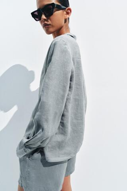 ZARA РУБАШКА ИЗ ЛЬНА С КАРМАНОМ — ZW COLLECTION, ЗЕЛЕНОВАТО-СИНИЙ