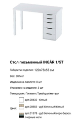 Стол письменный Ингар 1/5Т, 120*75*55 см, дуб беленый/серо-бирюзовый/черный