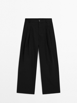 Massimo Dutti Широкие брюки из смесового хлопка со складками, черный