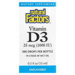 Natural Factors, Витамин D3 в каплях, без ароматизаторов, 25 мкг (1000 МЕ), 15 мл (0,5 жидкой унции)