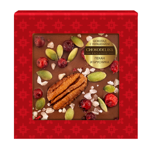 Шоколад молочный с украшением "Пекан и брусника" в блистере