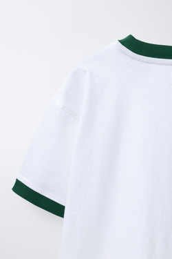 ZARA ФУТБОЛКА В РУБЧИК С КОНТРАСТНЫМИ ВСТАВКАМИ JOGGING, БЕЛЫЙ