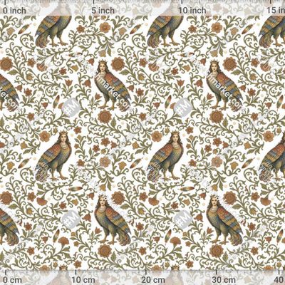 Птица-дева Сирин с цветами и звездами, винтажный сказочный стиль by YucArt 337 DPI