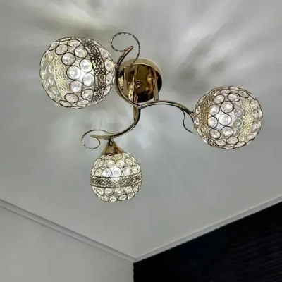 Люстра потолочная с лампочками, с хрусталем, на кухню, золотая, E27