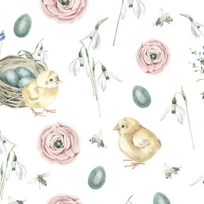 Акварельные цыплята, подснежники и гнездо с яйцами на белом фоне.