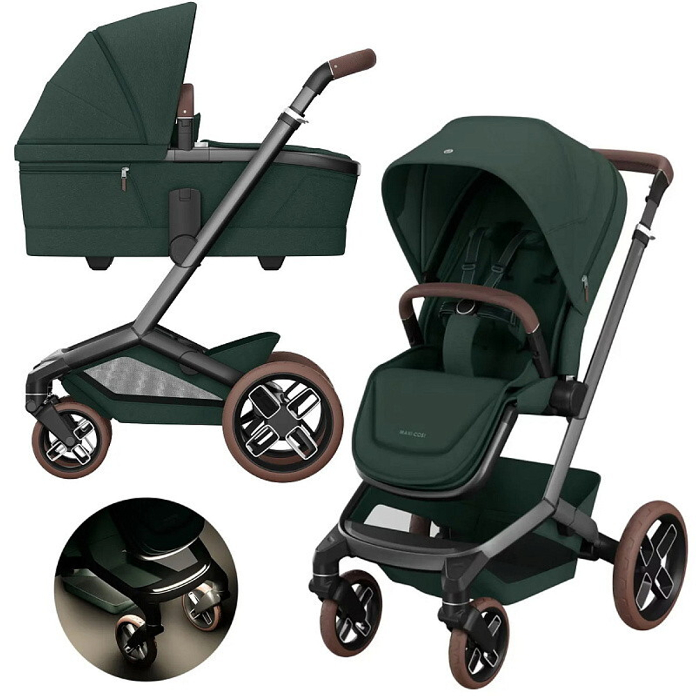 Детская коляска Maxi-Cosi Fame 3 в 1 с автокреслом Coral 360 Essential grey Twillic Green/зеленый