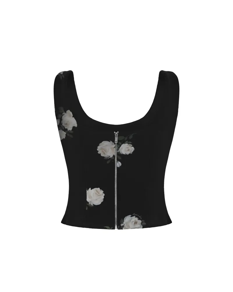 Lee top, топ корсетный на бретелях из черного крепдешина с цветочным принтом
