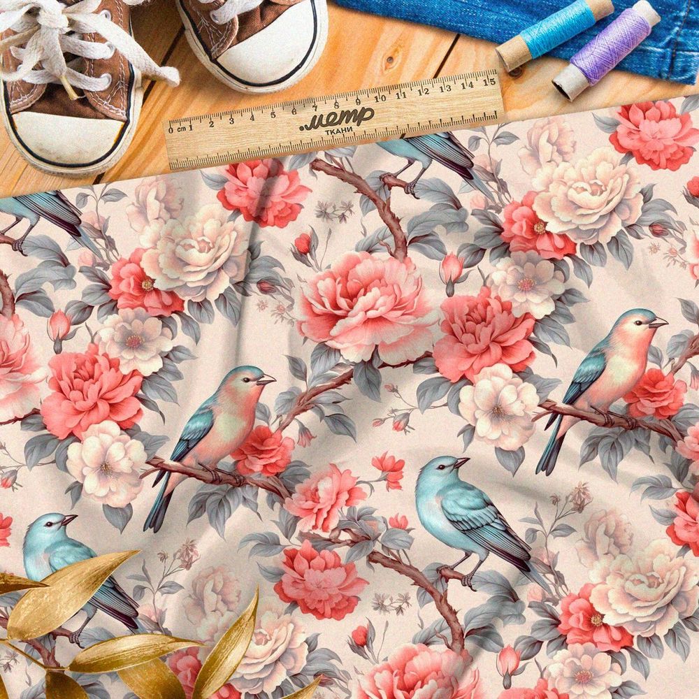 Ткань премиум шелк искусственный Армани певчие птицы в саду
