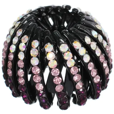 Заколка - автомат пластиковая «KLEVER», цвет черный со стразами пудра, 7*14см (в пакете с подвесом)