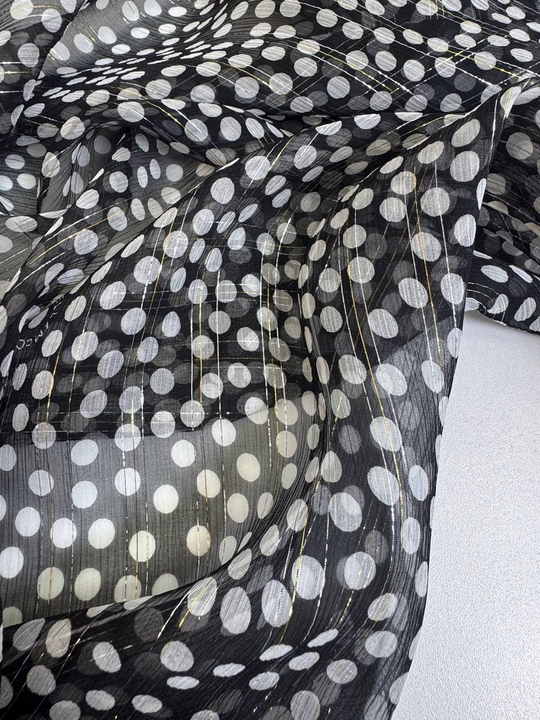 Шифон шелк, принт горох, черн/бел, люрекс
