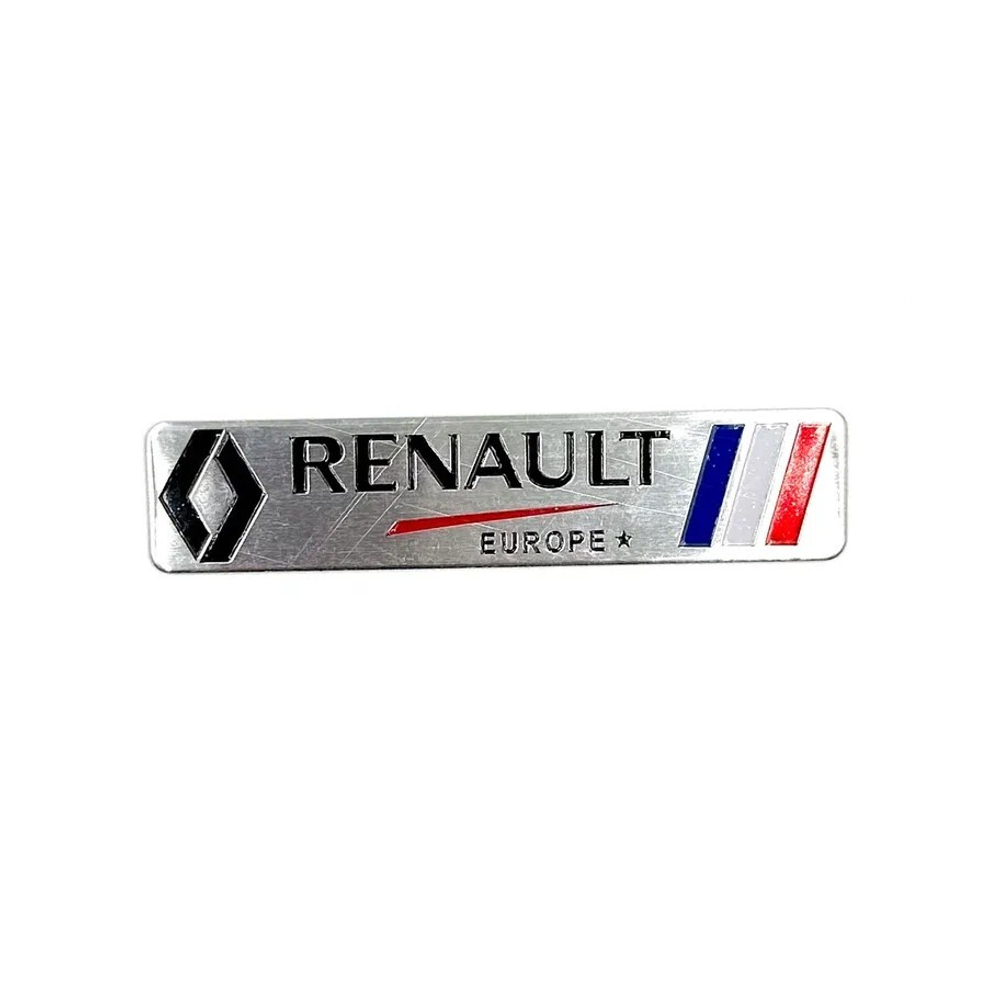Наклейка Renault Europe объемная полиуретановая прямоугольная (шильдик Рено, 12х3см). Серебристая с флагом Франции