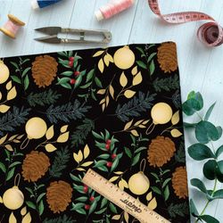 Ткань барби клюква, хвойные ветки, шишки и ёлочные шары