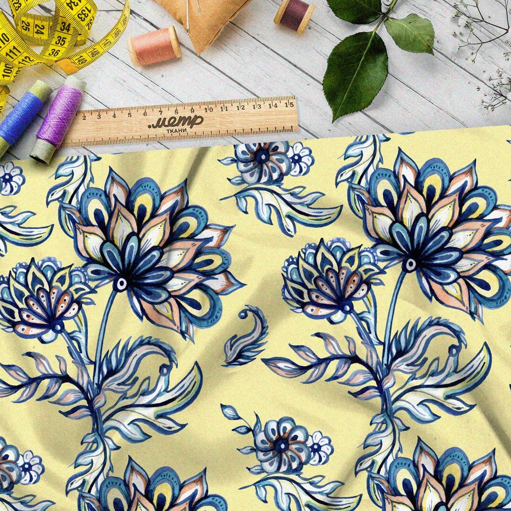 Ткань шифон расписные цветы на жёлтом фоне