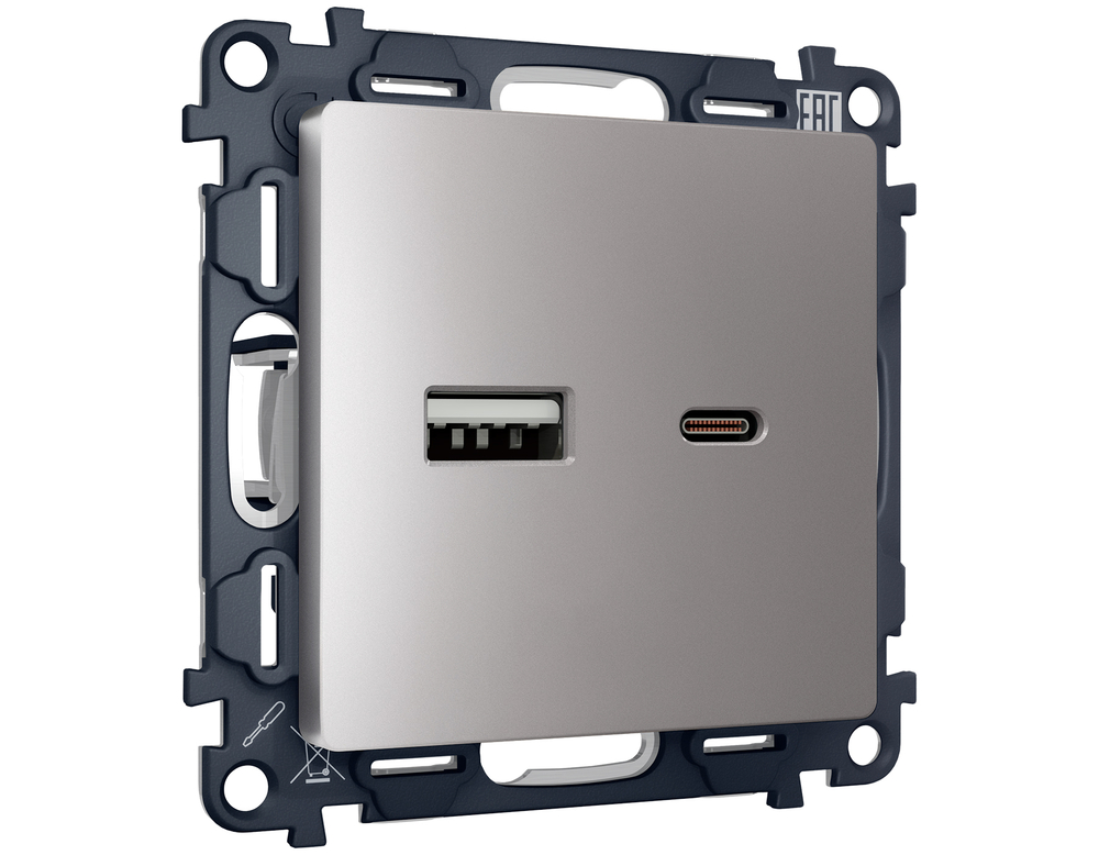 MA511010 Комплект механизма розетки ALFA Сталь матовый 2USB A+C 20W (быстрая зарядка) QUANT (AP5110, VM177)