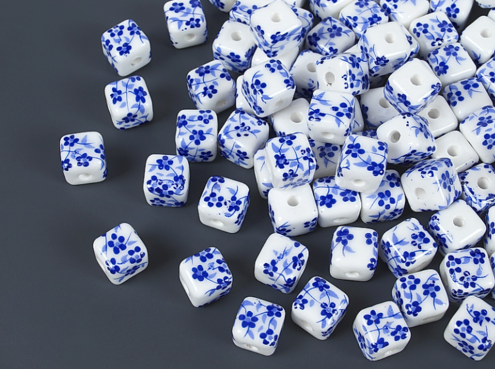 0247-гж Керамическая бусина "Куб" 8мм, гжель