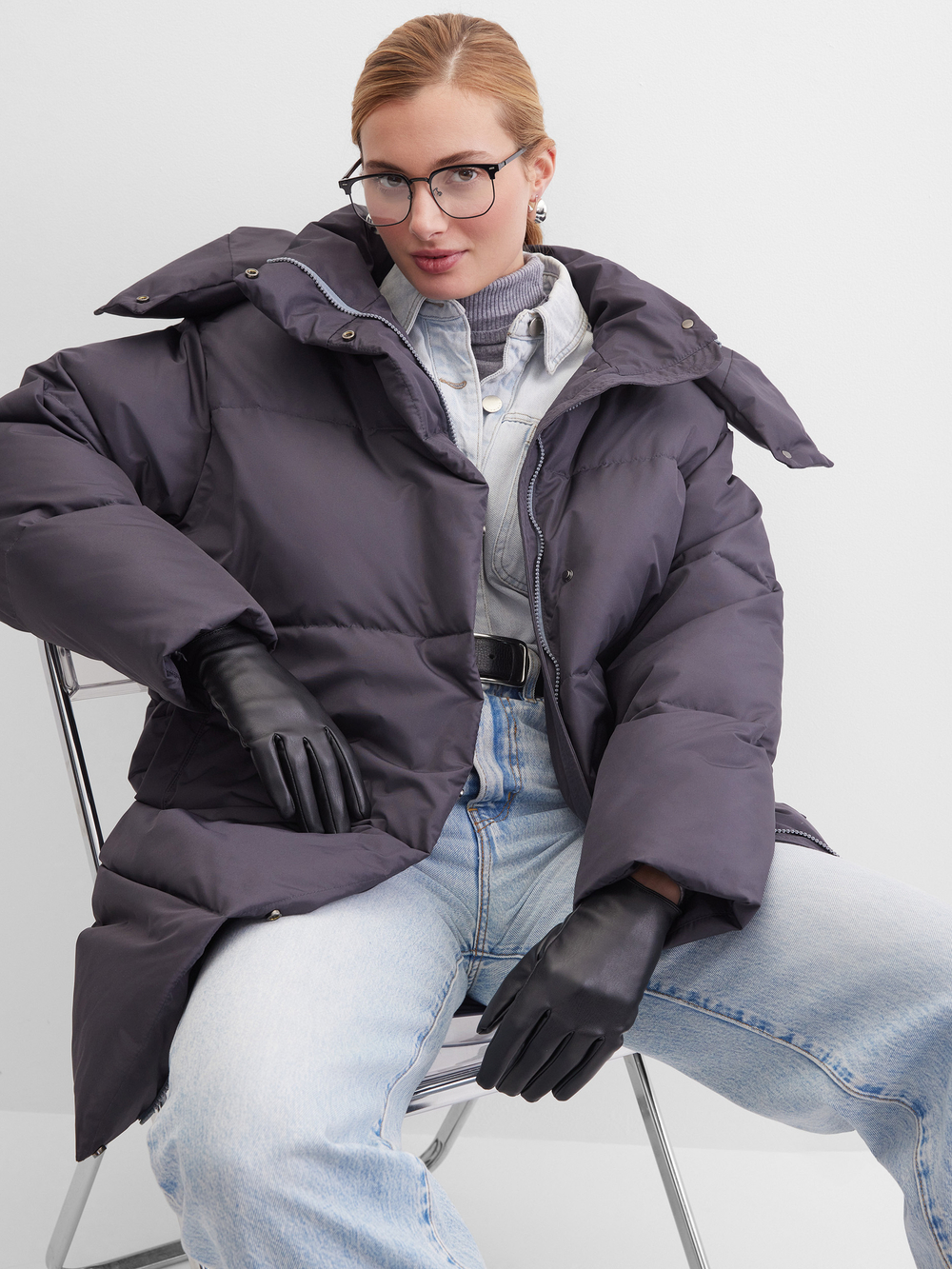 NEW❤️ MIDI пуховик с объемным капюшоном, DARK GREY🌚🌚🌚