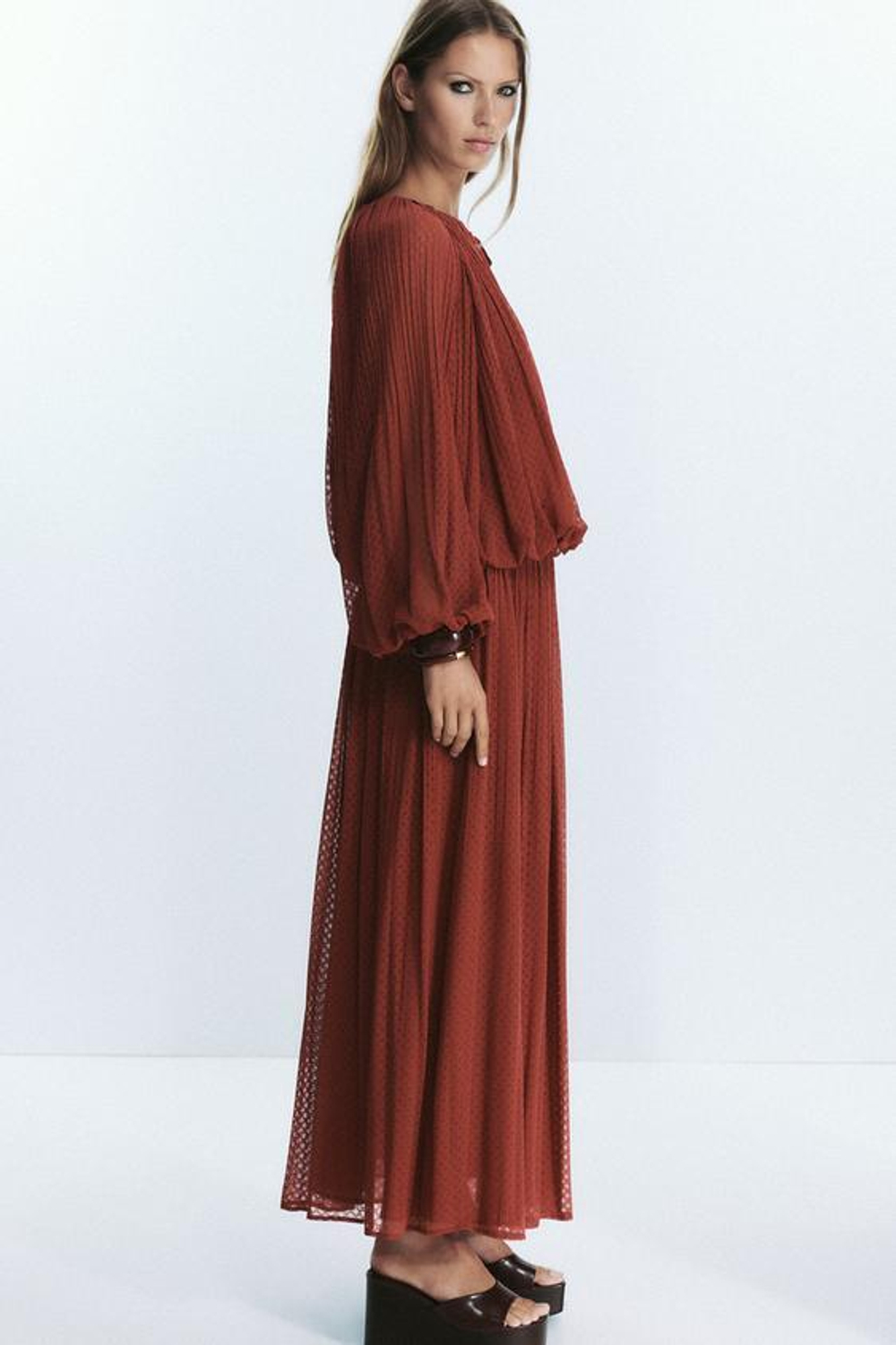 ZARA ПЛИССИРОВАННАЯ ЮБКА МИДИ С РЕМНЕМ, ЧЕРЕПИЧНЫЙ