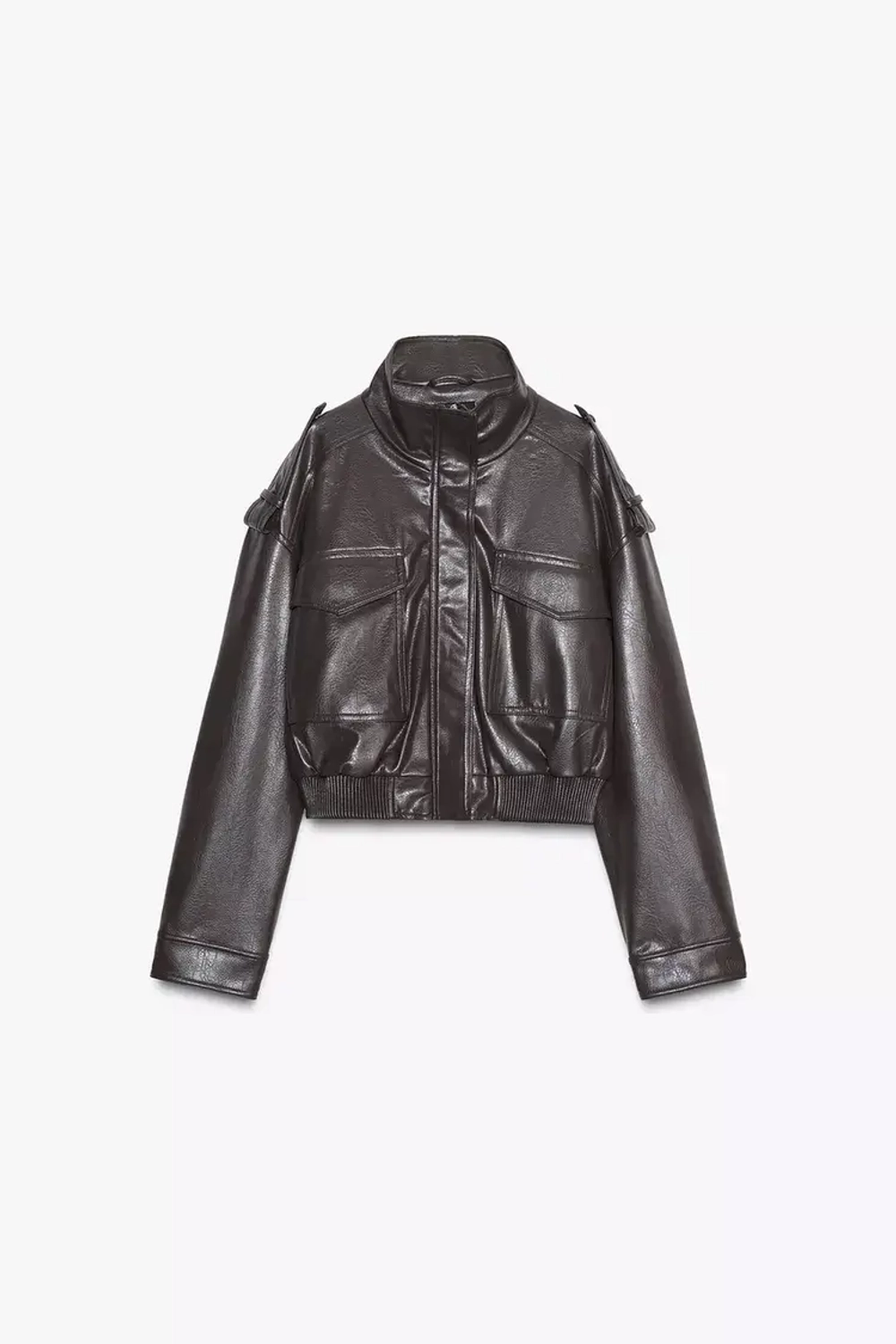 ZARA УКОРОЧЕННАЯ КУРТКА ИЗ ИСКУССТВЕННОЙ КОЖИ, СЕРО-КОРИЧНЕВЫЙ