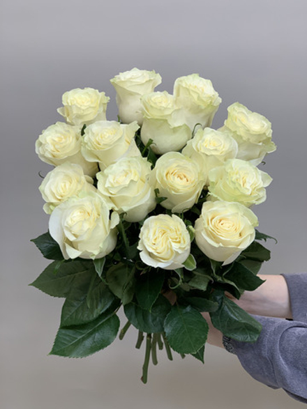 Букет 15 белых роз Эквадор 50см в ленте