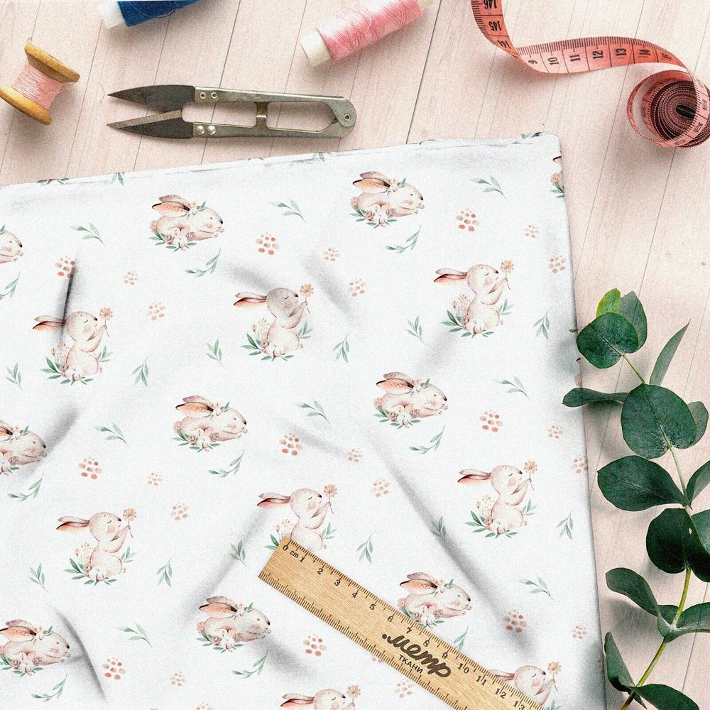 Ткань лен зайки милые на траве