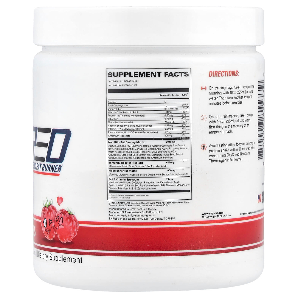 EHPlabs, Oxyshred Non-Stim, термогенное средство для сжигания жира, малиновые поцелуи, 324 г (11,4 унции)