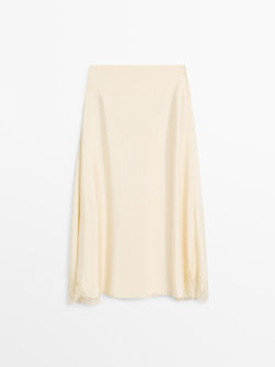 Massimo Dutti Юбка асимметричного кроя с кружевом, ванильный
