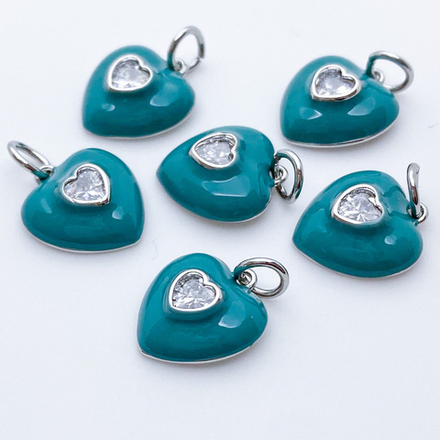 Подвеска Сердце, цвет серебро (родий)+бирюзовый, размер 13*12 мм, цена за 1 шт