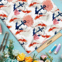 Ткань поплин якорь золотые карпы кораллы