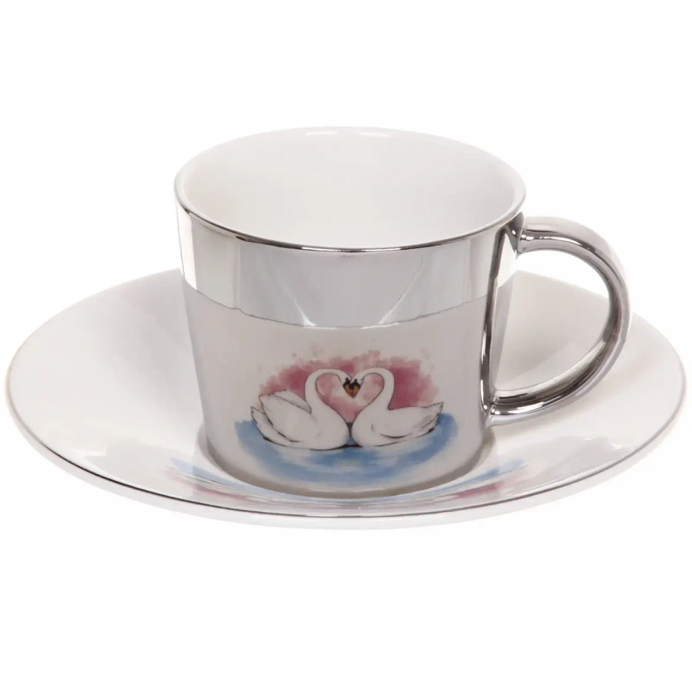 Чайная пара (зеркальная кружка 230мл+блюдце) анаморфный дизайн «Лебеди»