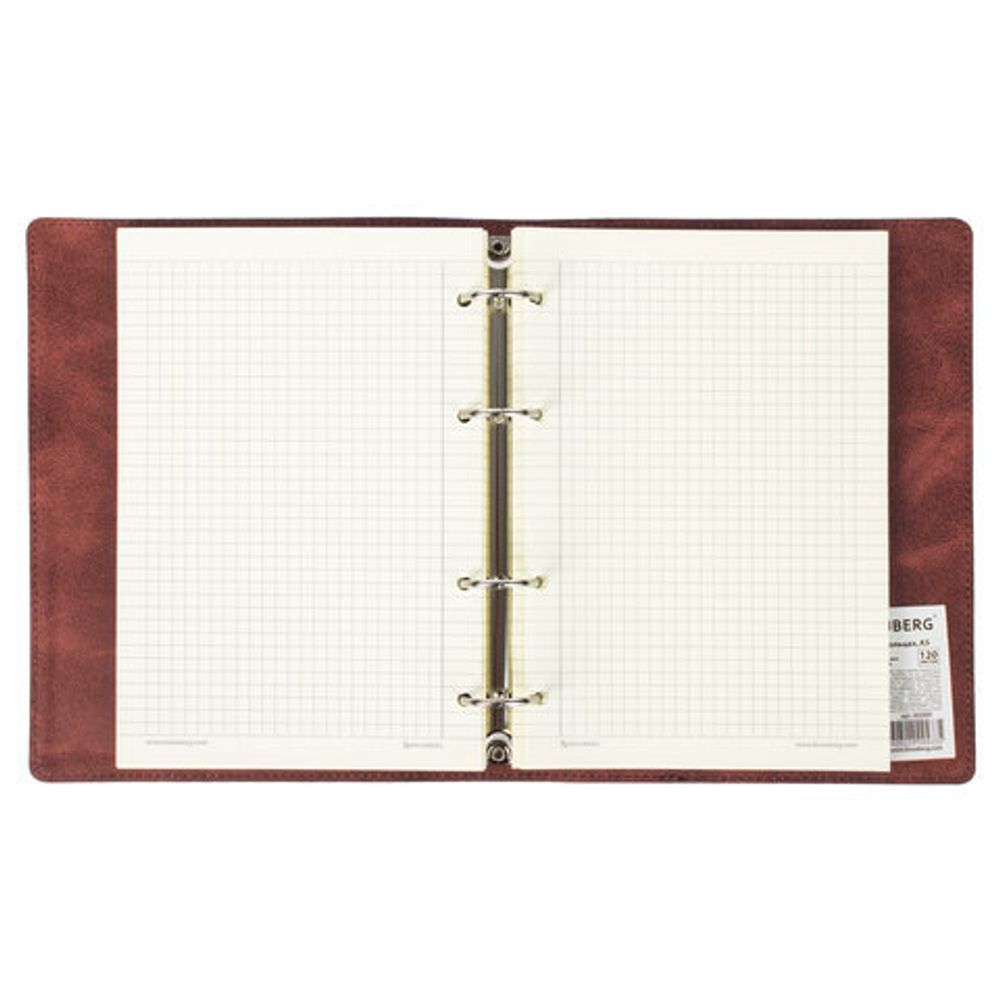 Тетрадь на кольцах А5 (180х220 мм), 120 л., под гладкую кожу, вырубка под кольца, кремовый блок, BRAUBERG "Main", клетка, коричневая, 401710