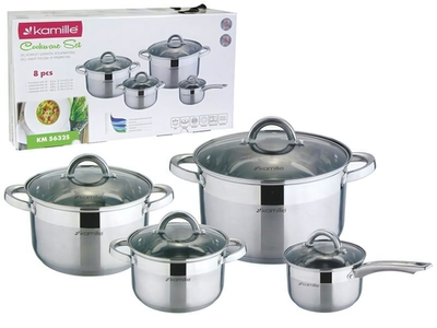 Набор кастрюль 4 предмета (2,5л, 3,8л, 5,8л, ковш 1,8л) нерж, полые ручки, индукция