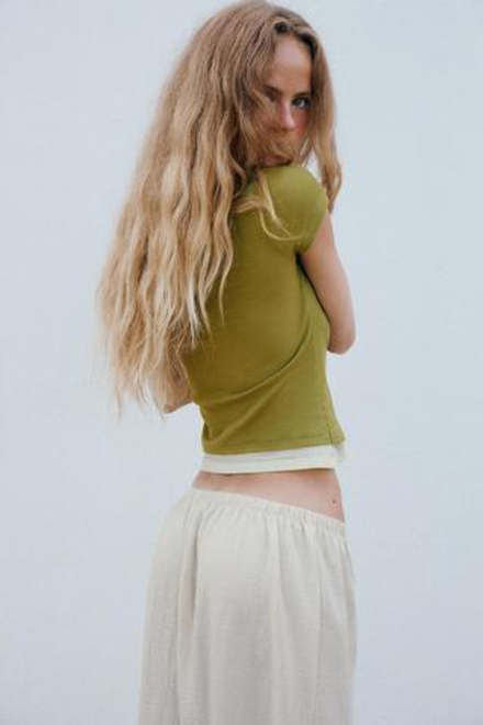 ZARA ФУТБОЛКА С ЭФФЕКТОМ МНОГОСЛОЙНОСТИ, СВЕТЛЫЙ ХАКИ